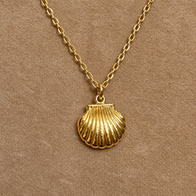 Load image into Gallery viewer, Gold scallop shell pendant on a chain - Let's Jam, Camden Market

