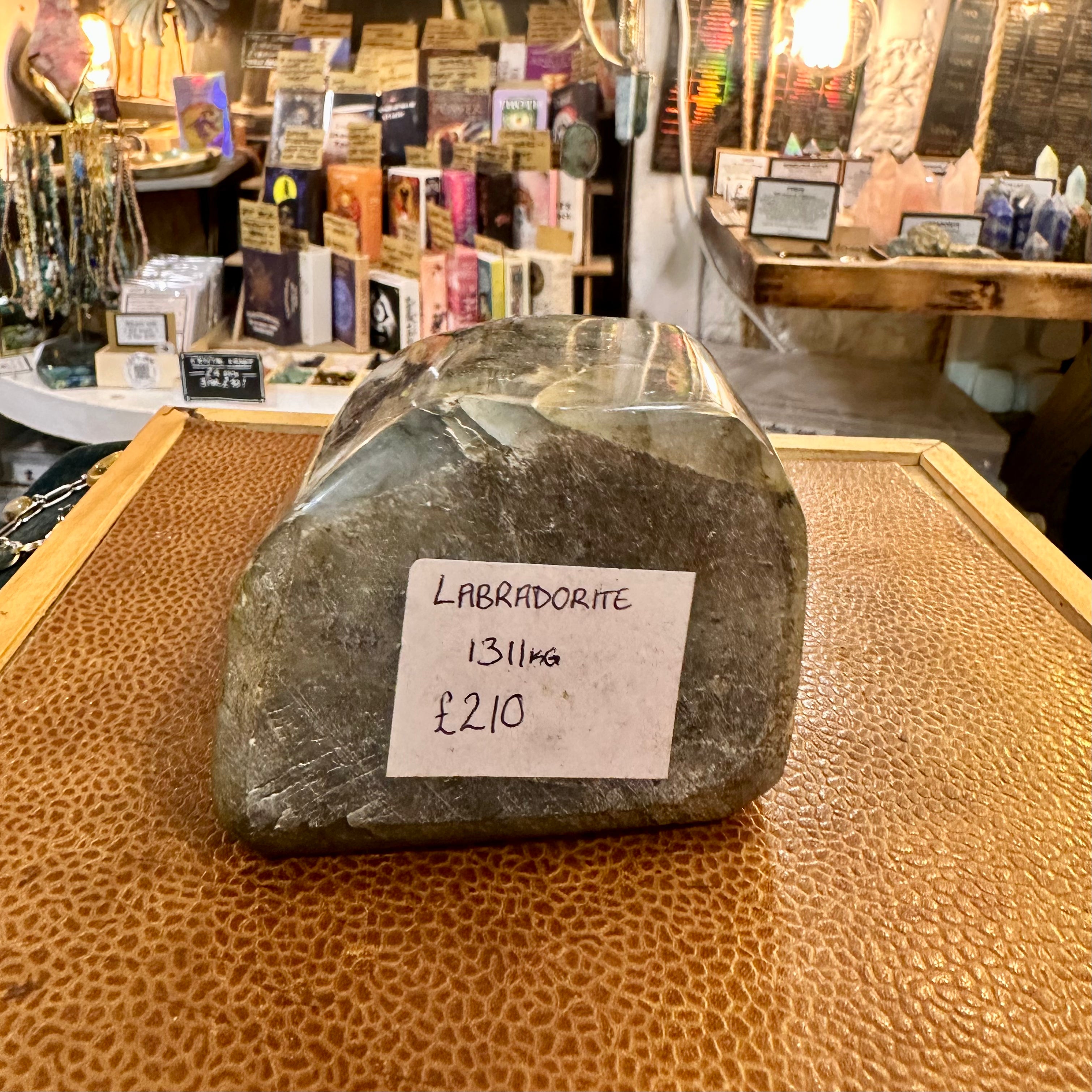 Supersized labradorite crystal with its handwritten label - Let's Jam, Camden Town