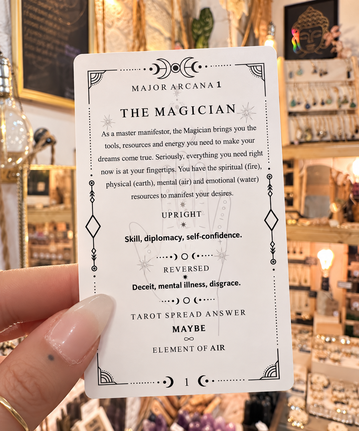 The Magician card with its upright and reversed meanings written out - Let's Jam, Camden Town