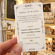 Load image into Gallery viewer, Three of Wands card showing the meaning, the reverse and the spread answer - Let's Jam, Camden Market London
