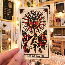 Load image into Gallery viewer, Ace of Wands card drawn as a tattoo with a hand, roses and rays - Let's Jam, Camden Market London
