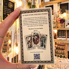 Load image into Gallery viewer, Back of the Tattoo Tarot box with its QR code and a sample spread - Let's Jam, Camden Town
