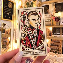 Load image into Gallery viewer, Knave of Wands card drawn in bold tattoo linework - Let's Jam, Camden Market, London

