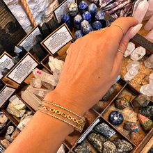 Load image into Gallery viewer, Gold chain link cuff bangle worn on the wrist - Let's Jam jewellery, Camden Town
