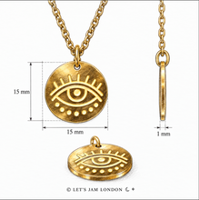 Load image into Gallery viewer, Third eye coin necklace size guide showing a 15mm pendant - Let's Jam, Camden Market, London
