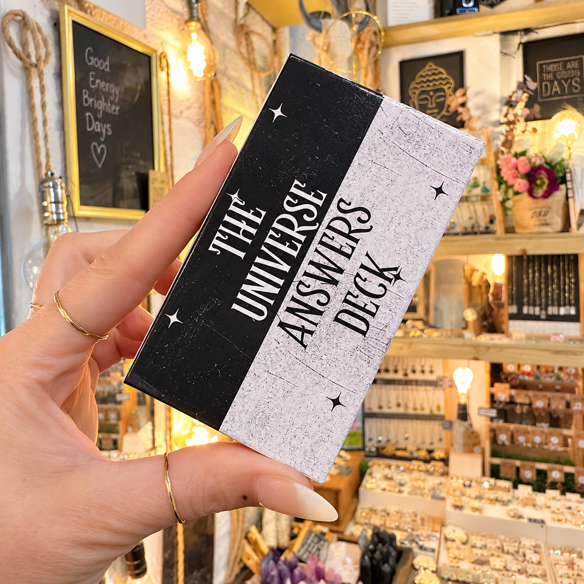 The Universe Answers oracle deck box held in the shop - Let's Jam, Camden Town London