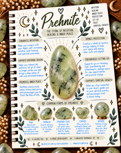 Load image into Gallery viewer, Prehnite crystal meaning infographic - Let's Jam jewellery, Camden Town
