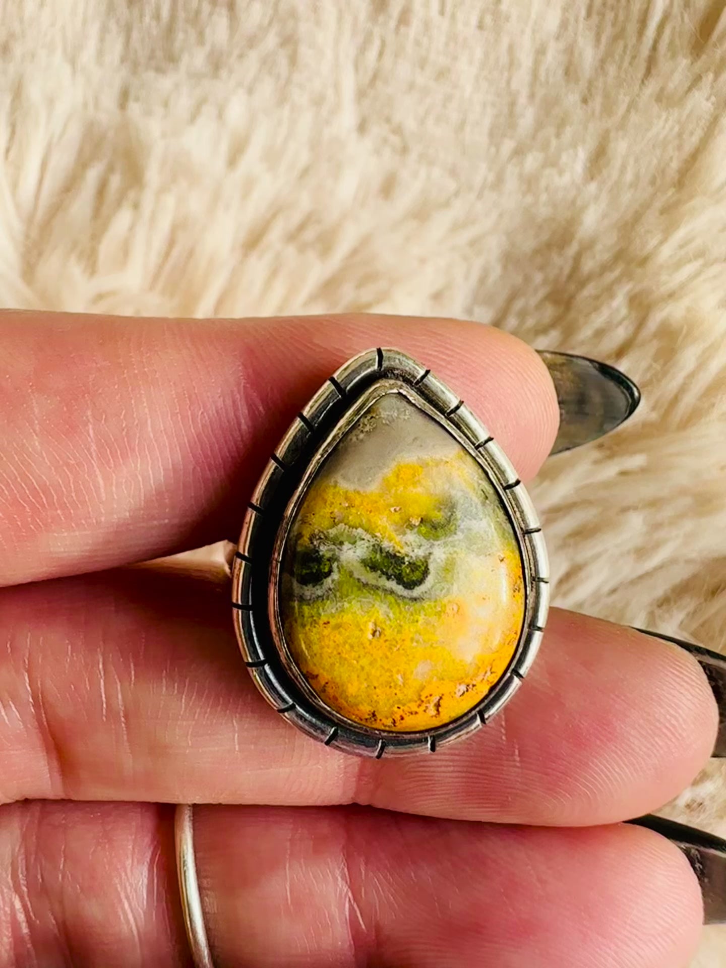 Handmade 925 sterling silver ring with a teardrop bumblebee jasper cabochon in yellow, white and olive tones, notched silver bezel, one-of-a-kind gemstone ring - Let's Jam jewellery collection