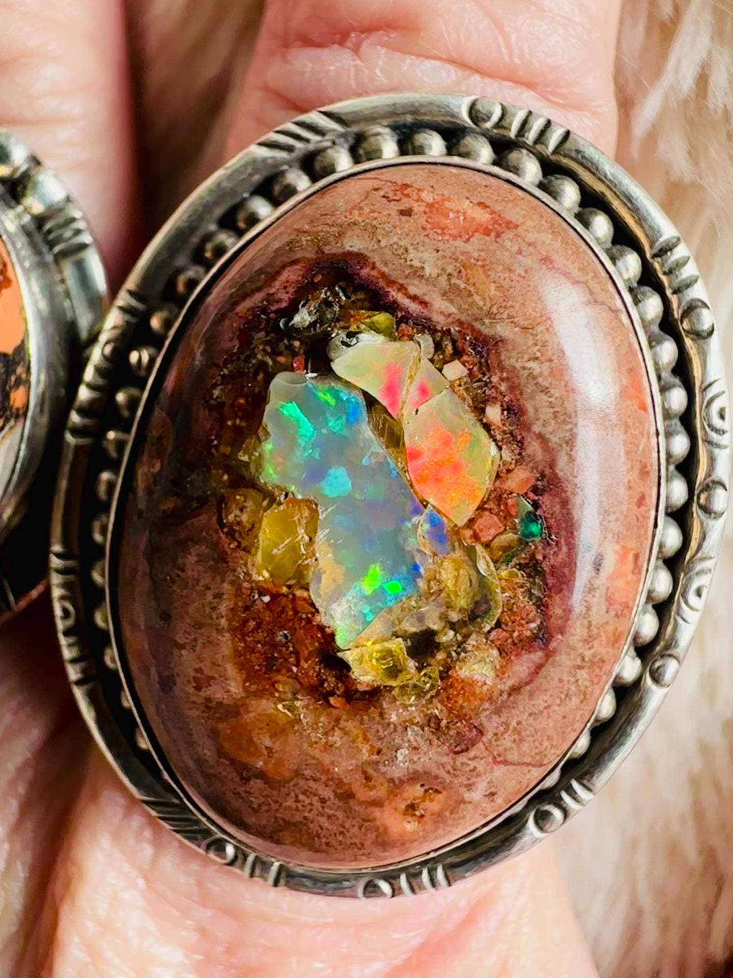 Video of the Mexican opal sterling silver ring, amber matrix, fire flash, turning in the light - Let's Jam, Camden Market, London