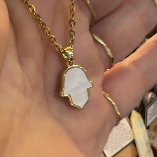 Video of the mother of pearl hamsa hand necklace - Let's Jam, Camden Market, London