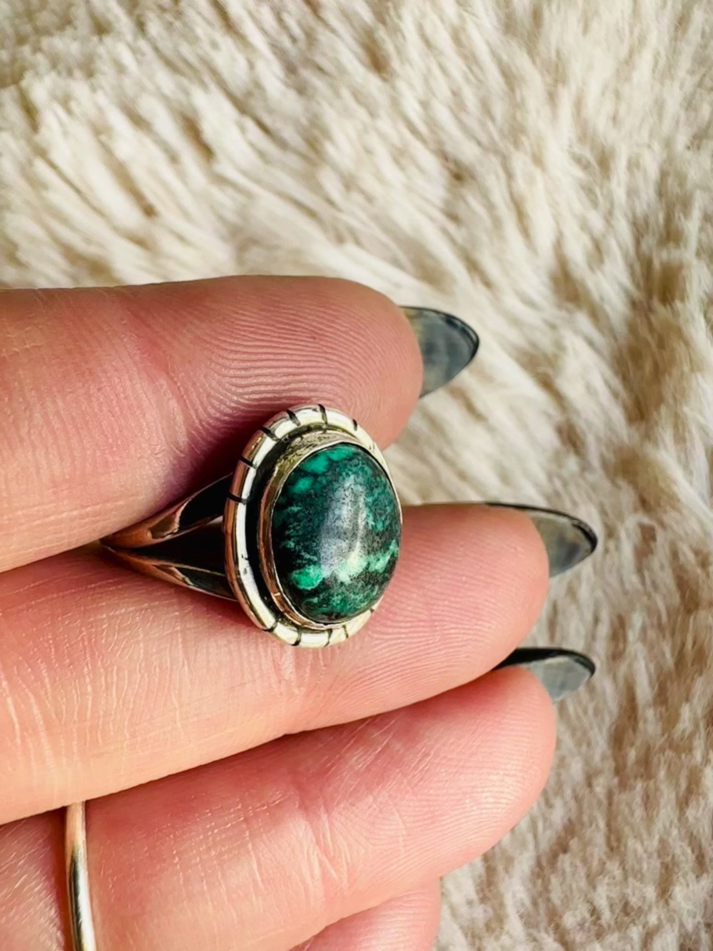 Oval turquoise cabochon ring with deep teal-green colouring, set in a sterling silver band - Let's Jam jewellery collection