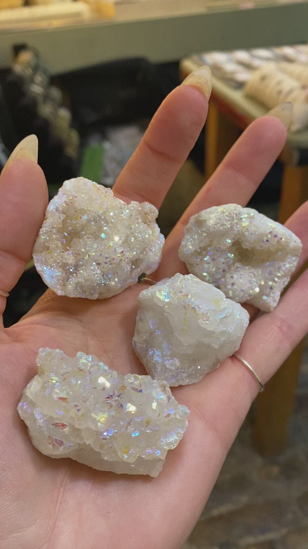 Video of angel aura quartz shimmering on the move - Let's Jam crystal shop, Camden Town