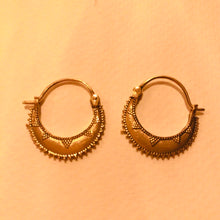 Load image into Gallery viewer, Gold ethnic hoop earrings with beaded triangle pattern trim - Let's Jam jewellery collection
