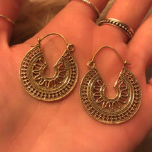 Load image into Gallery viewer, Gold teardrop hoop earrings with intricate sunburst filigree detail - Let's Jam jewellery collection
