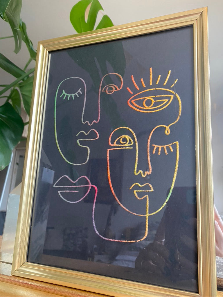 Picasso-style line-art print of two overlapping abstract faces - Let's Jam art prints, Camden Market