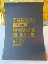 Load image into Gallery viewer, A gold holographic print of a Nelson Mandela quote about rising every time we fall, printed in bold gold type on a dark background - Let's Jam print collection
