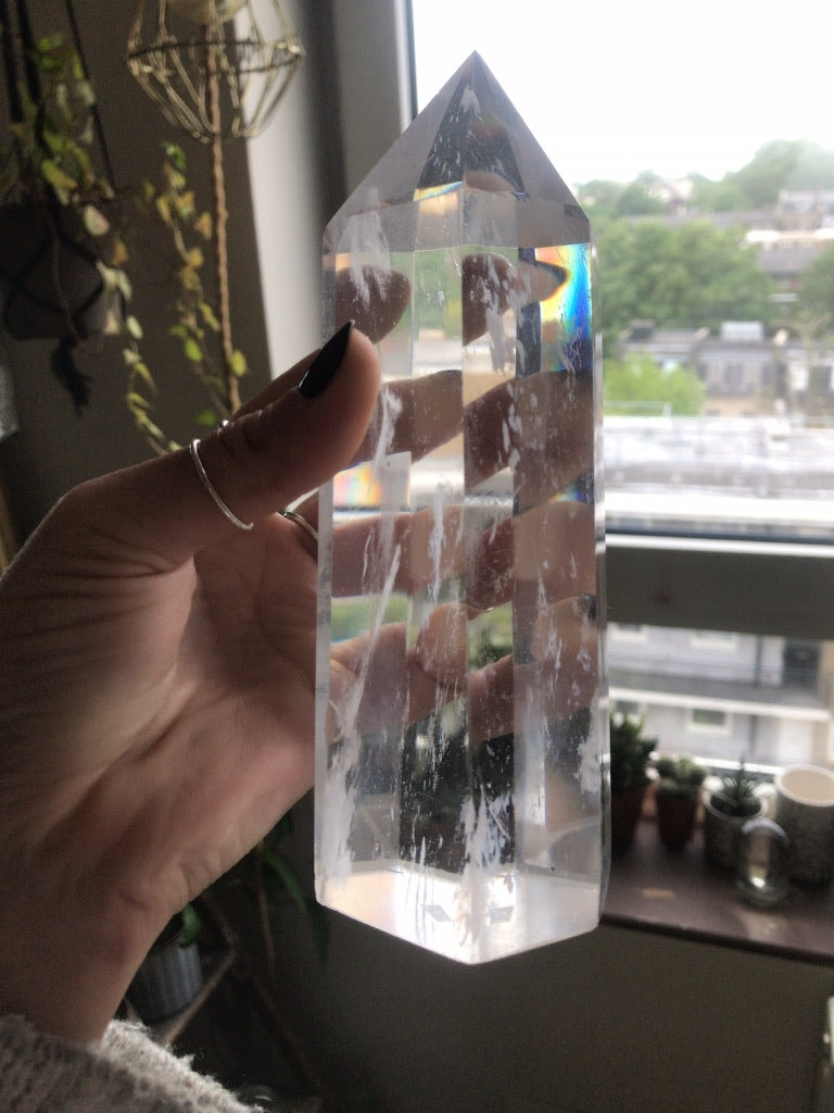 Medium clear quartz point with a clear body and gently frosted base - Let's Jam crystal shop, Camden Market