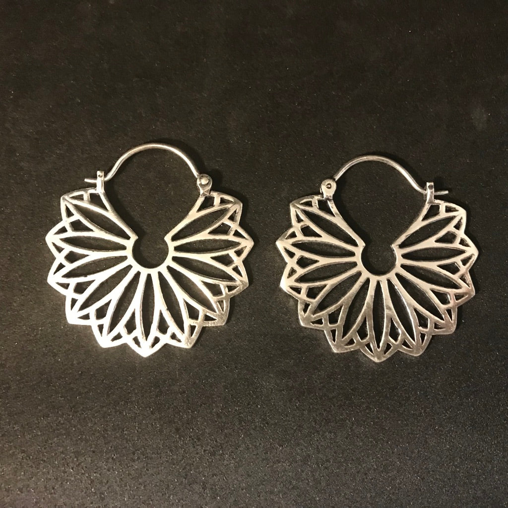 Close-up of the openwork petal detail on a statement earring - Let's Jam jewellery, Camden Town London
