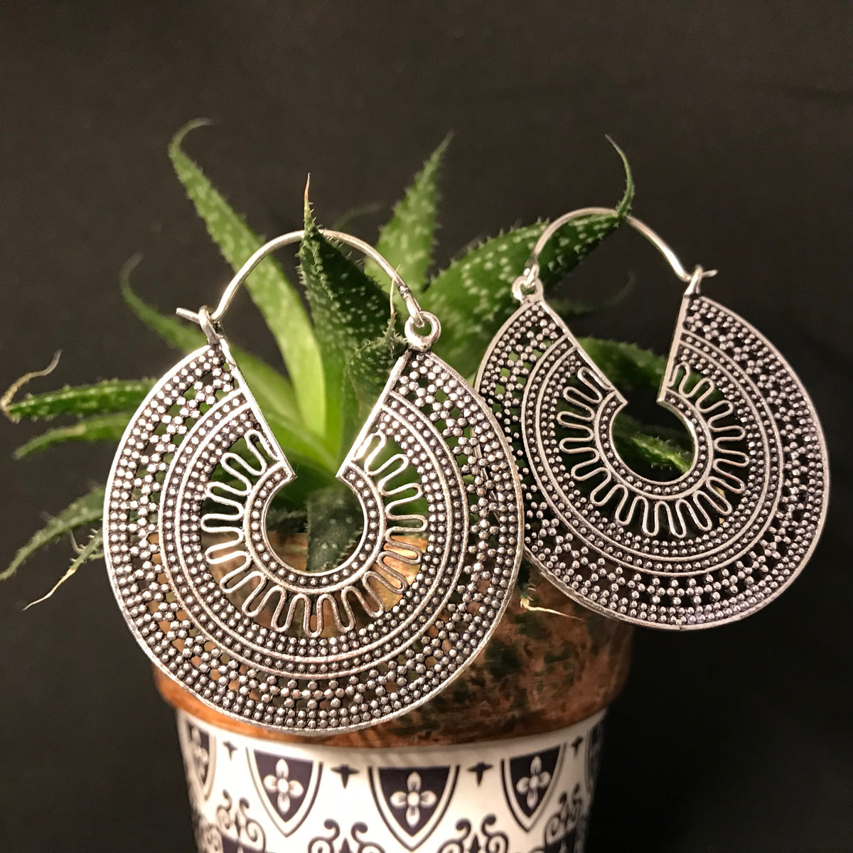 Large silver teardrop chandelier earrings with intricate filigree and dotted detailing, bohemian statement style - Let's Jam jewellery collection