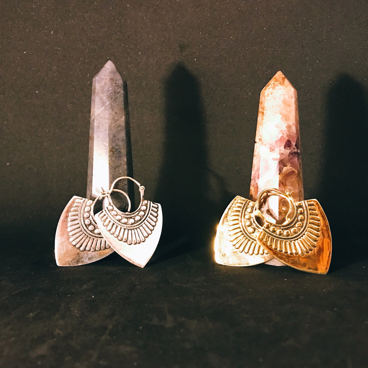 Gold hoop earrings with a fan shaped geometric drop - Let's Jam jewellery, Camden Market, London