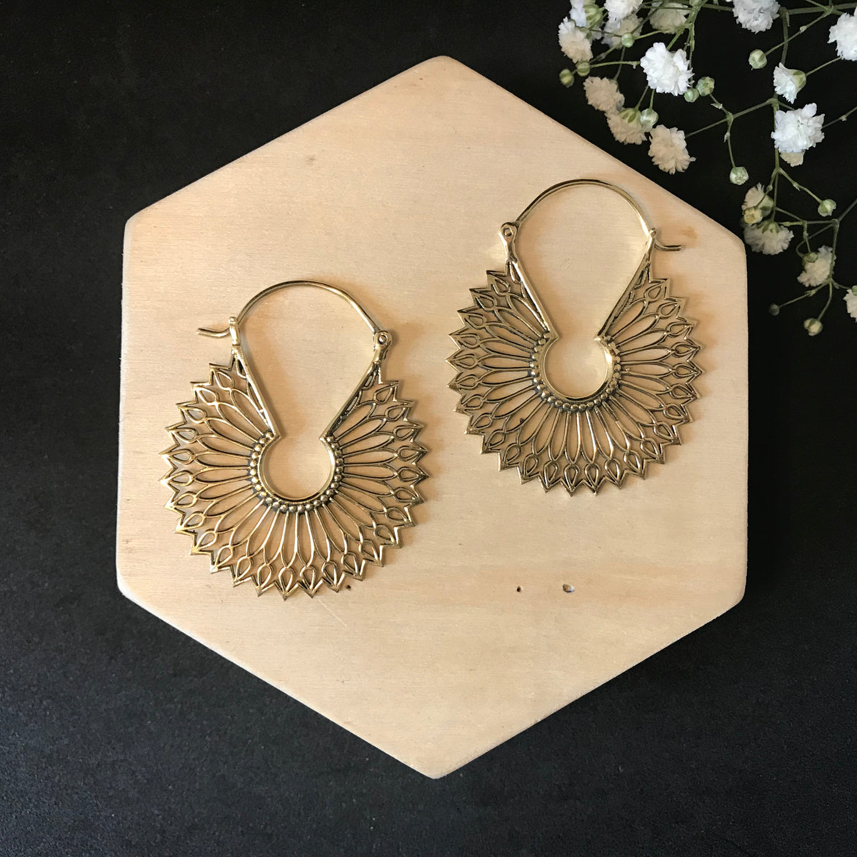 Silver colour fan shaped hoop earrings with feather-like detailing - Let's Jam, Camden Market, London