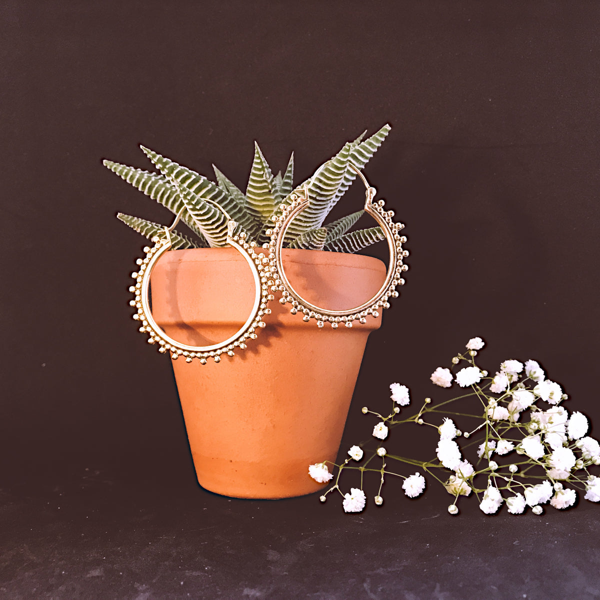 Jocelyne beaded hoop earrings shown in gold colour - Let's Jam, Camden Market