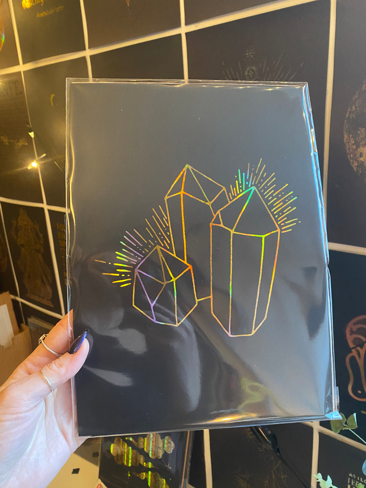 Geometric line-art crystal points print with radiating rays in rainbow foil - Let's Jam art prints, Camden Market