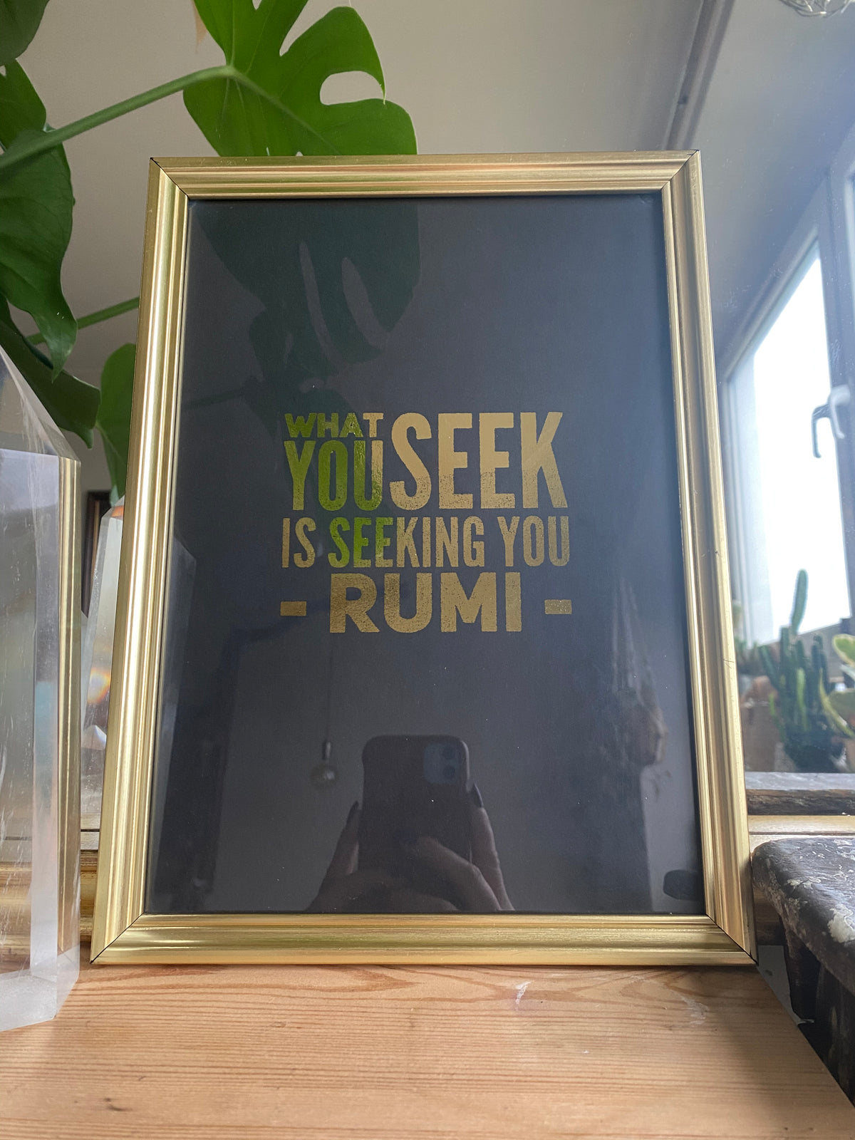 Rumi quote print reading What You Seek Is Seeking You in gold lettering - Let's Jam art prints, Camden Market
