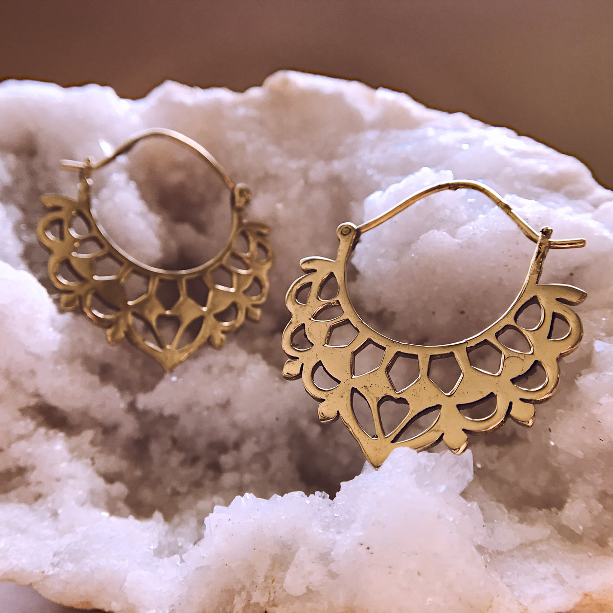 Silver colour hoop earrings with lace-like heart cutwork trim - Let's Jam, Camden Market