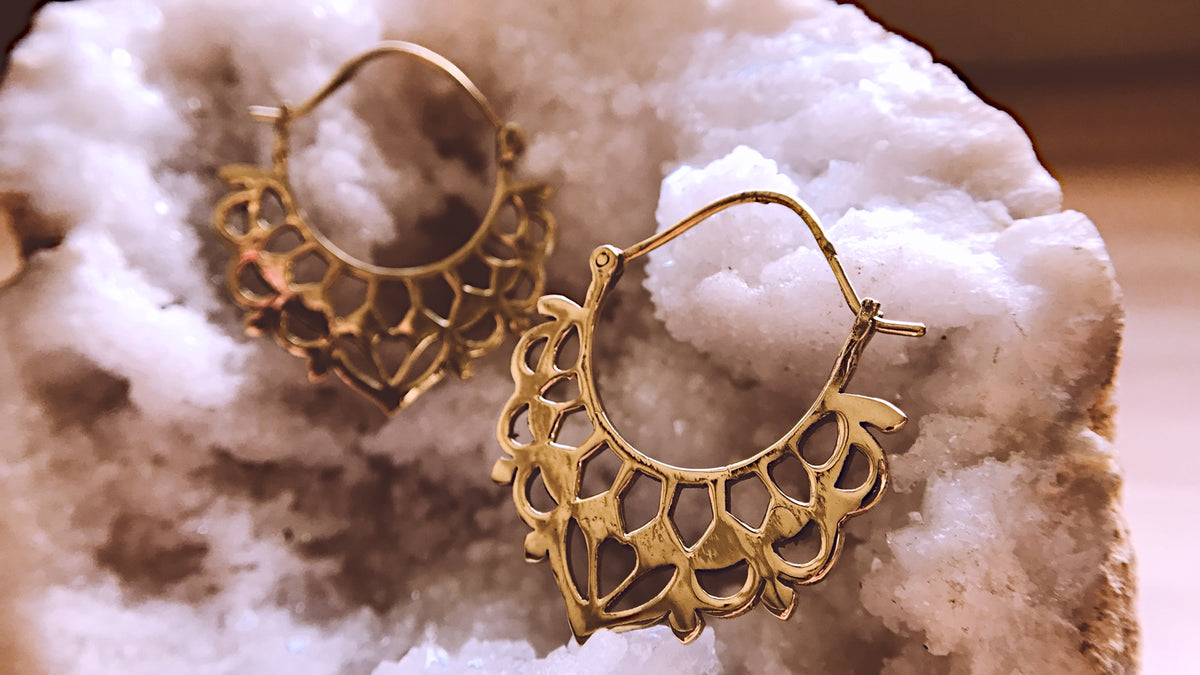 Pair of gold lace trim hoop earrings laid side by side - Let's Jam, Camden Market London
