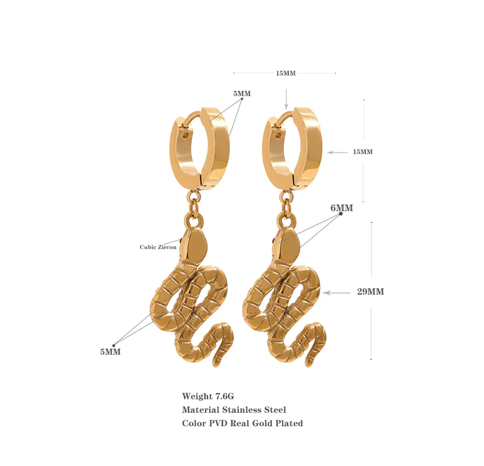 Gold-plated snake drop earring photographed against a plain backdrop - Let's Jam jewellery, Camden Town, London