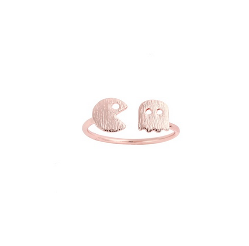 Minimal Pac-Man ring in gold and silver, stainless steel with a textured finish - Let's Jam, Camden Market London
