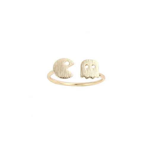 Gold ring featuring a playful Pac-Man and ghost design, textured finish - Let's Jam jewellery collection