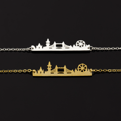 London skyline charm necklace in silver, close-up of the cut-out cityscape pendant - Let's Jam jewellery, Camden Market