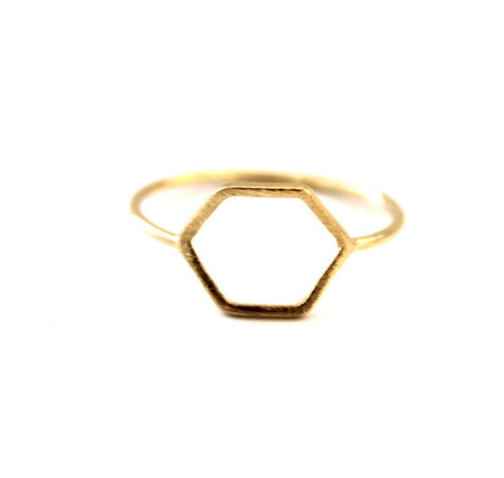Hexagon rings shown in gold, silver and rose gold, stackable - Let's Jam jewellery, London