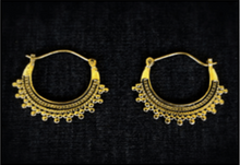 Load image into Gallery viewer, Gold ethnic crescent hoop earrings with intricate filigree and beaded trim detail - Let's Jam jewellery collection
