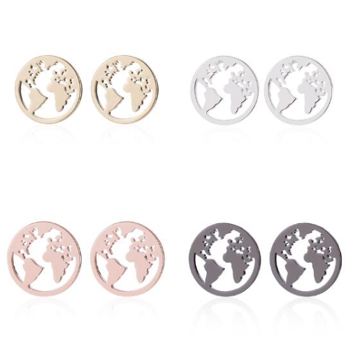 Gold world map stud earrings on a plain background - Let's Jam jewellery, Camden Market London