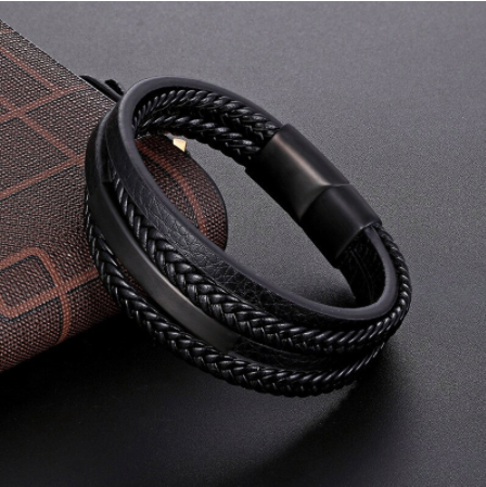 Black multi-strand braided leather bracelet with its gold bar clasp - Let's Jam, Camden Market London