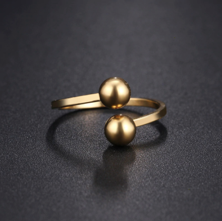Stainless steel double ball open ring with two polished spheres - Let's Jam jewellery, Camden Market