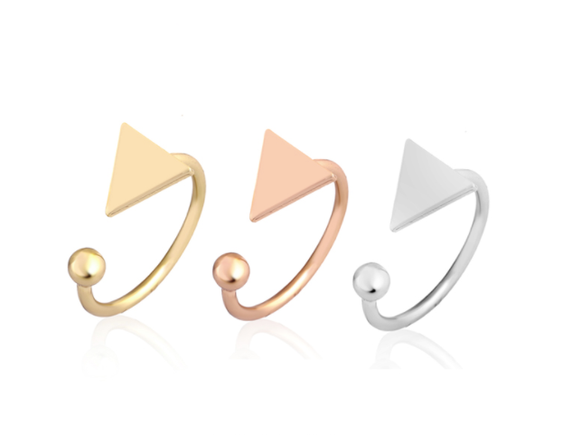 Open triangle-and-dot rings shown in gold, rose gold and silver finishes side by side - Let's Jam jewellery collection