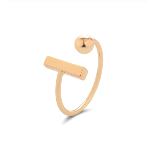 Gold-plated open ring with a sculptural bar and dot design against a white background - Let's Jam jewellery collection