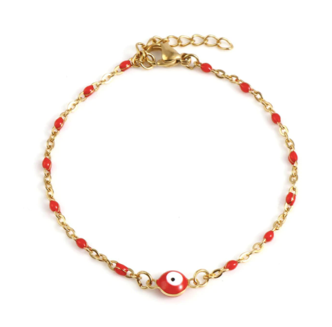 Delicate eye bead bracelet fastened around a wrist - Let's Jam jewellery, Camden Market London