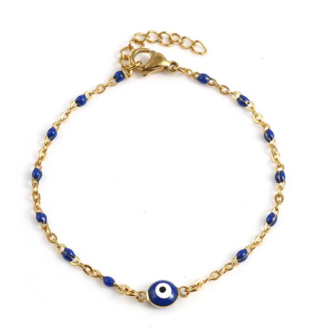 Single enamel eye bead bracelet held between finger and thumb - Let's Jam, Camden Market