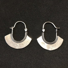 Load image into Gallery viewer, Silver hoop earrings with fan-shaped drop and twisted rope trim, tribal style - Let's Jam jewellery collection

