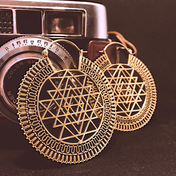 Large gold Sri Yantra sacred geometry earrings with intricate filigree border - Let's Jam jewellery, Camden Market