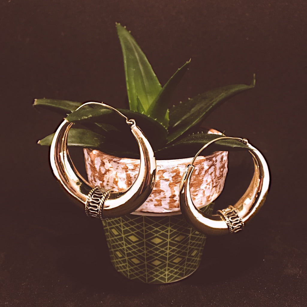 Chunky ridged brass hoop earrings shown in gold colour - Let's Jam jewellery, Camden Town