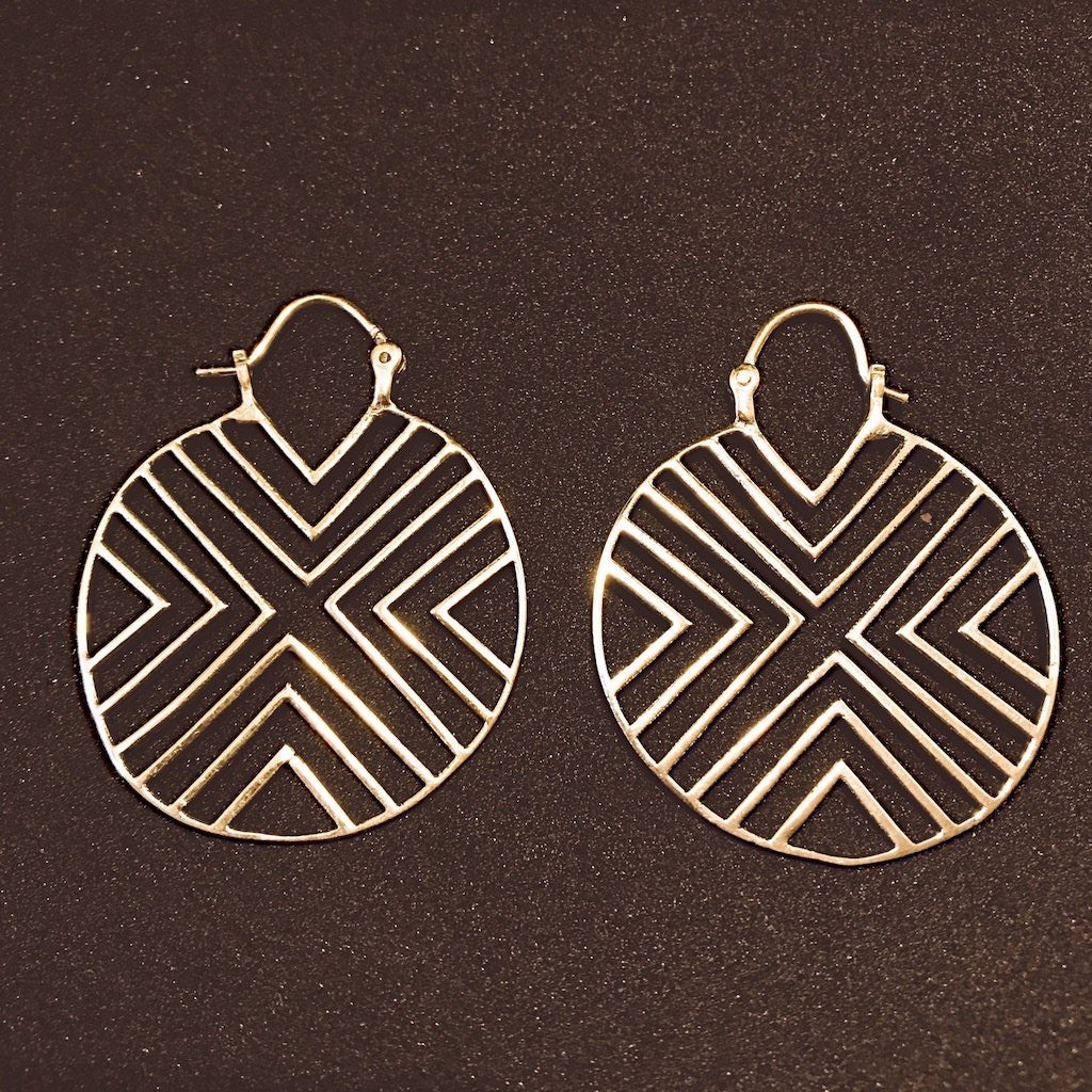 Gold circular earrings with ethnic-inspired triangle openwork - Let's Jam, Camden Market London