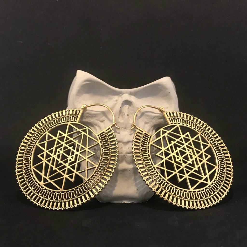Sri Yantra brass drop earrings shown in gold and silver colourways - Let's Jam, Camden Town