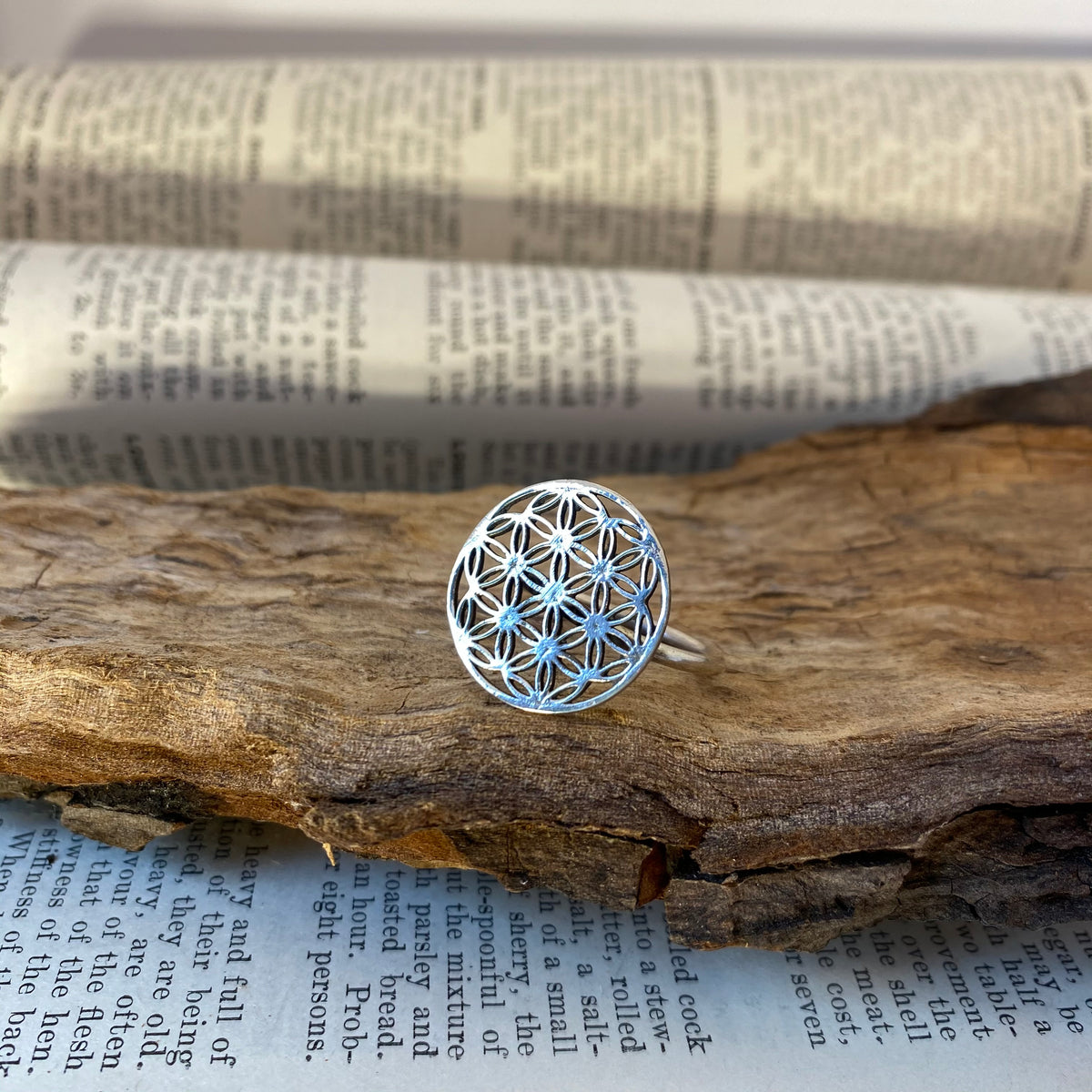 A 925 sterling silver ring featuring a circular flower of life pattern with blue crystal accents at each intersection, photographed resting on driftwood over an open book - Let's Jam jewellery collection