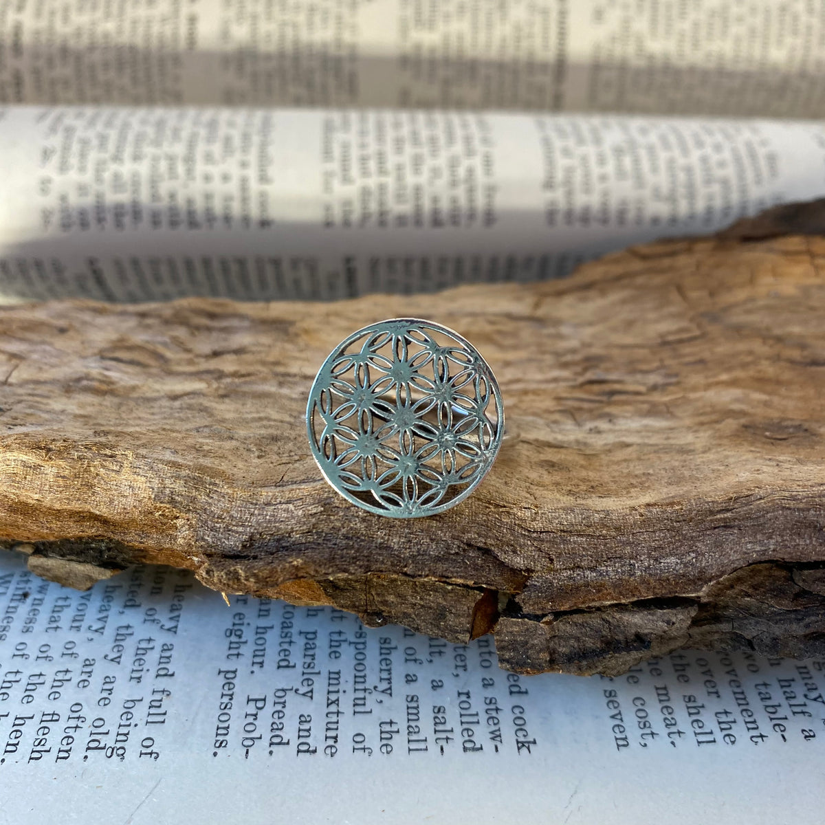 925 sterling silver Flower of Life ring with blue crystal accents - Let's Jam handmade jewellery, Camden Market